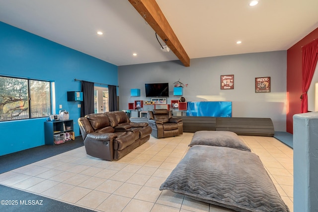 living area featuring beam ceiling, light tile patterned floors, and recessed lighting