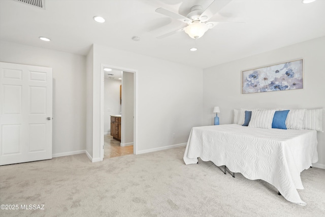2350 E Juanita St, Tucson, AZ 85719 - carpeted bedroom with baseboards, recessed lighting, ensuite bath, and ceiling fan
