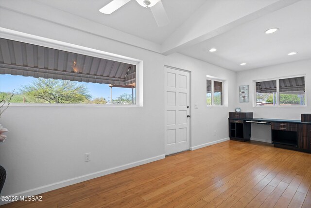 2350 E Juanita St, Tucson, AZ 85719 - kitchen with stainless steel dishwasher, light wood-type flooring, baseboards, a ceiling fan, and recessed lighting