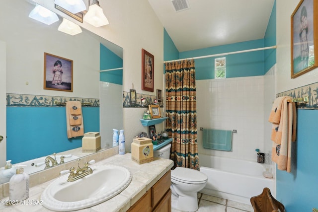 bathroom with shower / bath combo, visible vents, toilet, vanity, and tile patterned flooring