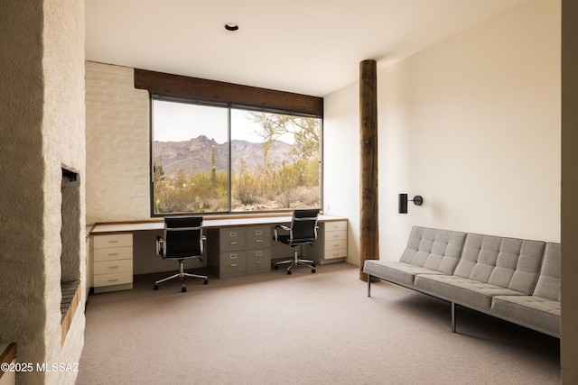 carpeted office space with built in study area
