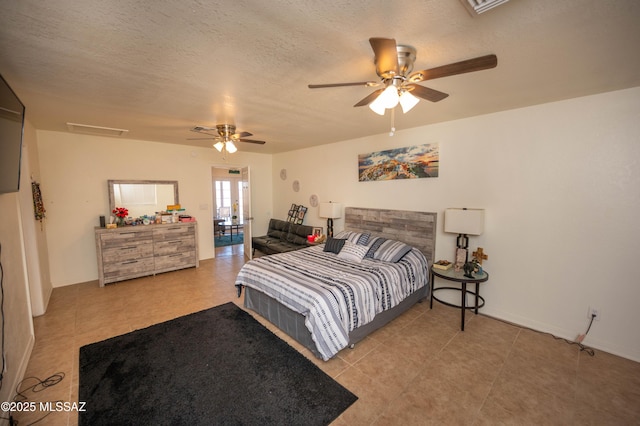 bedroom with a textured ceiling and a ceiling fan