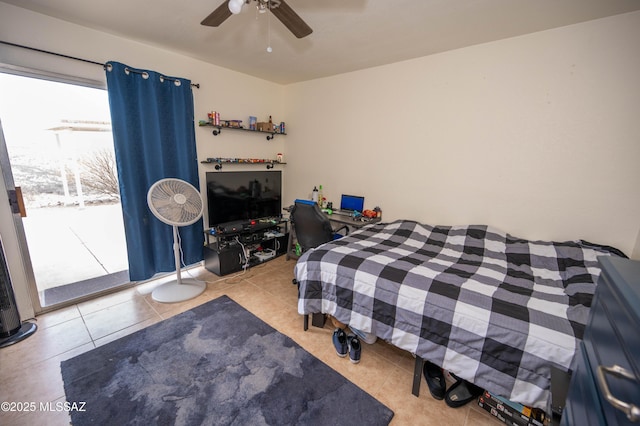 tiled bedroom featuring access to exterior and ceiling fan