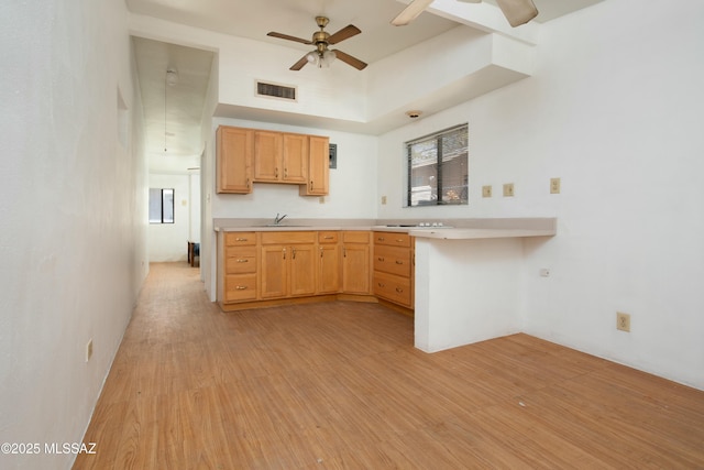 kitchen with visible vents, a sink, ceiling fan, light wood-type flooring, and light countertops