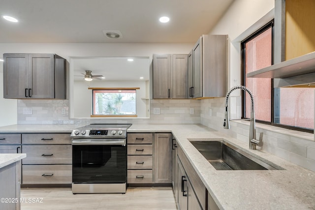 3053 W Lobo Rd, Tucson, AZ 85742 - kitchen with visible vents, gray cabinets, stainless steel electric range, a ceiling fan, and a sink