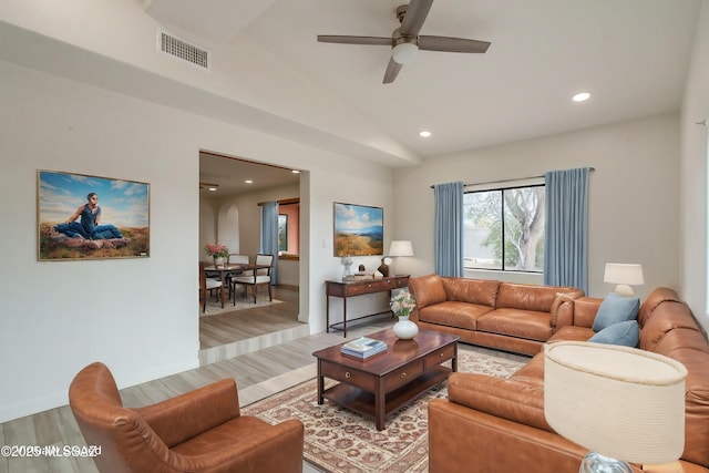 3053 W Lobo Rd, Tucson, AZ 85742 - living area featuring visible vents, a ceiling fan, recessed lighting, light wood finished floors, and vaulted ceiling