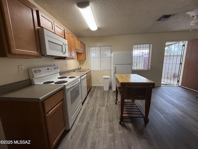 1419 E Linden St, Tucson, AZ 85719 - kitchen with white appliances, a textured ceiling, wood finished floors, and dark countertops