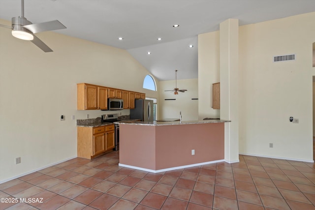 36973 S Highland Ridge Ct, Tucson, AZ 85739 - kitchen featuring a ceiling fan, appliances with stainless steel finishes, high vaulted ceiling, a peninsula, and stone countertops