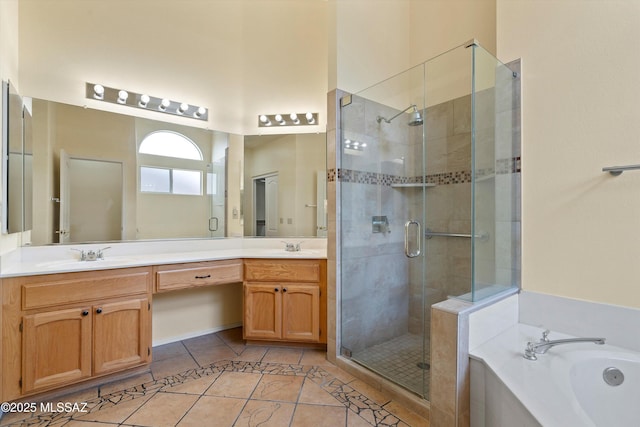 36973 S Highland Ridge Ct, Tucson, AZ 85739 - full bath featuring a stall shower, tile patterned floors, double vanity, and a garden tub