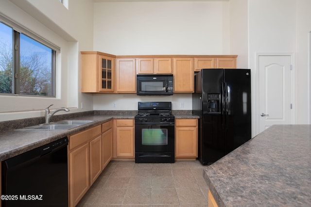 154 W Calle Patio Lindo, Sahuarita, AZ 85629 - kitchen with black appliances, a sink, dark countertops, a towering ceiling, and glass insert cabinets