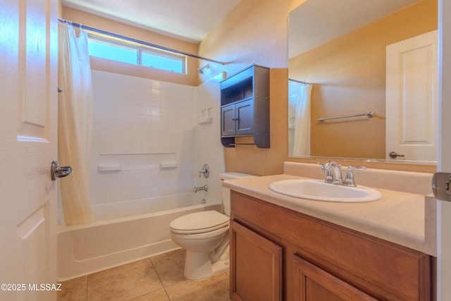 full bath with shower / tub combo, toilet, tile patterned flooring, and vanity
