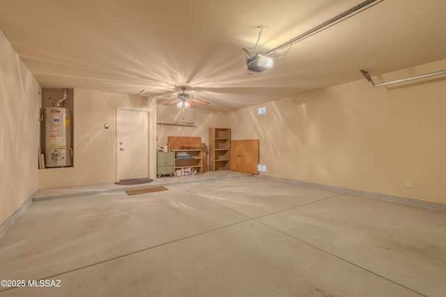 garage with water heater, baseboards, a garage door opener, and a ceiling fan