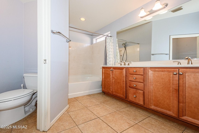 bathroom featuring shower / bathtub combination with curtain, visible vents, double vanity, tile patterned floors, and toilet