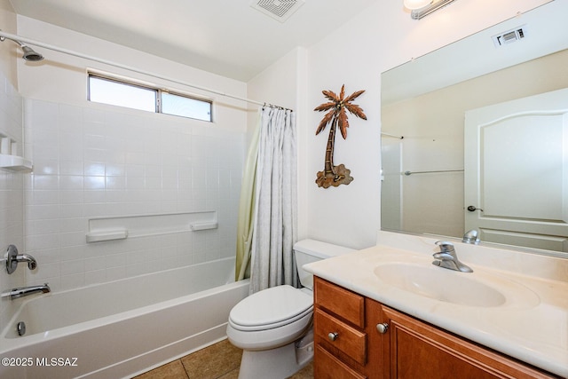 full bathroom with shower / bath combination with curtain, toilet, visible vents, and tile patterned floors