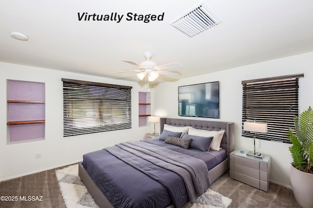 bedroom featuring visible vents, ceiling fan, baseboards, and carpet