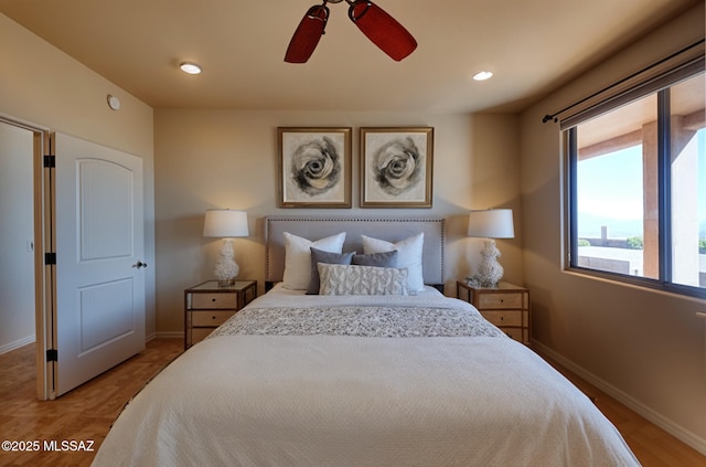 9505 S Deer Ridge Trl, Hereford, AZ 85615 - bedroom with baseboards, recessed lighting, wood finished floors, and ceiling fan