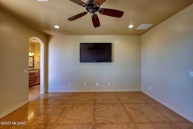 9505 S Deer Ridge Trl, Hereford, AZ 85615 - unfurnished room with visible vents, ceiling fan, recessed lighting, and arched walkways