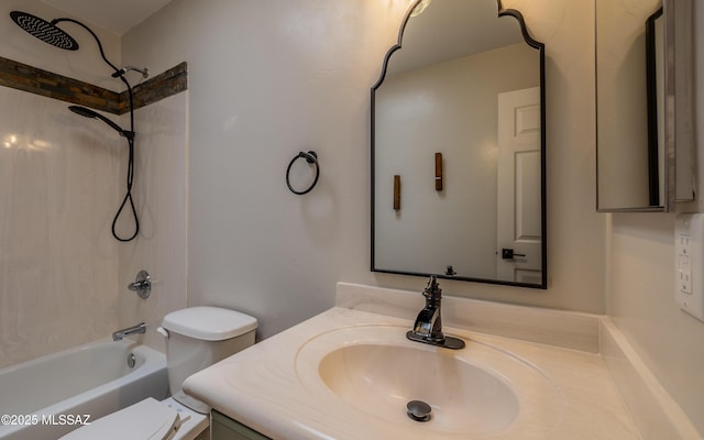 bathroom featuring vanity,  shower combination, and toilet