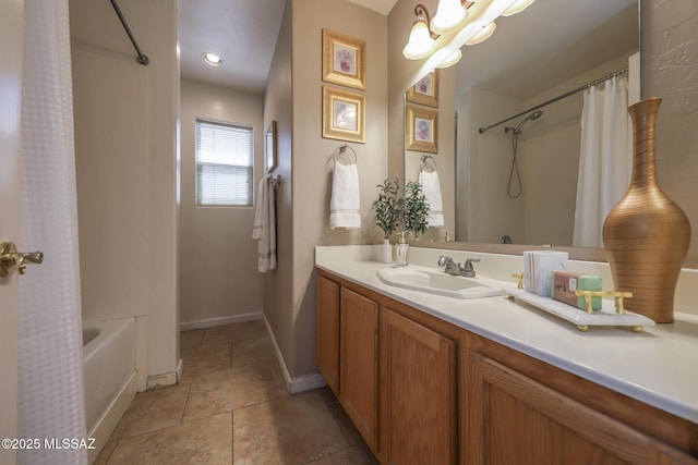 8418 N Sayante Way, Tucson, AZ 85743 - full bath with baseboards, shower / bath combination with curtain, tile patterned floors, and vanity