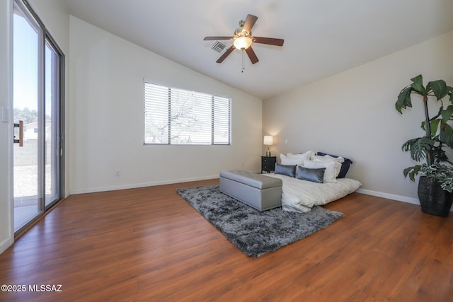 8418 N Sayante Way, Tucson, AZ 85743 - bedroom featuring lofted ceiling, access to outside, baseboards, dark wood finished floors, and visible vents