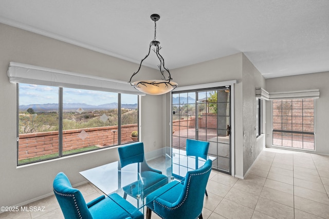 tiled dining space featuring baseboards and a mountain view