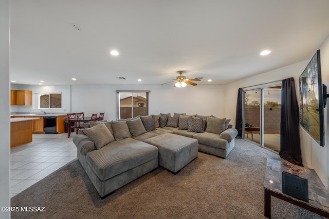 9379 E Grapevine Spring Pl, Tucson, AZ 85710 - living room featuring ceiling fan, recessed lighting, and light tile patterned floors