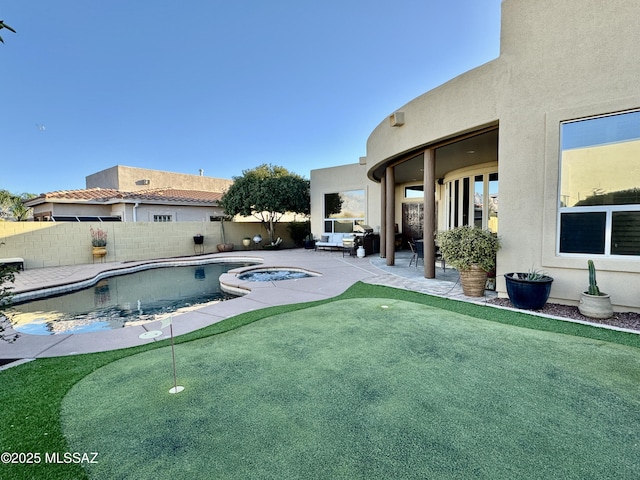 view of swimming pool with a fenced backyard, a patio, and a fenced in pool