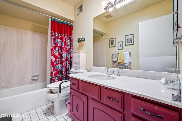full bathroom featuring visible vents, toilet, shower / tub combo, tile patterned flooring, and vanity