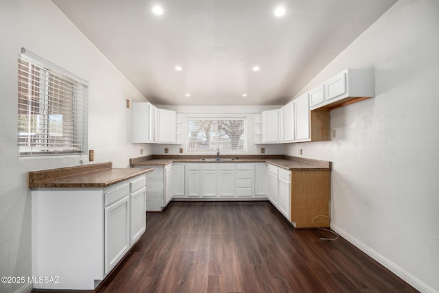 6806 S 4th Ave, Tucson, AZ 85756 - kitchen featuring dark wood-type flooring, recessed lighting, white cabinets, baseboards, and open shelves