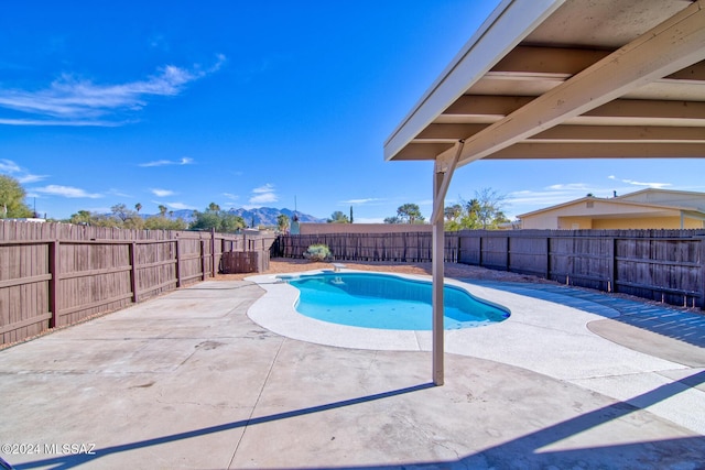 view of swimming pool featuring a fenced backyard, a fenced in pool, and a patio
