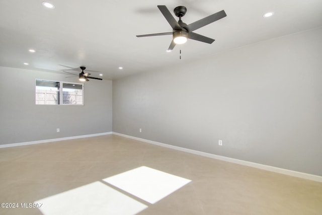unfurnished room with recessed lighting, baseboards, and ceiling fan