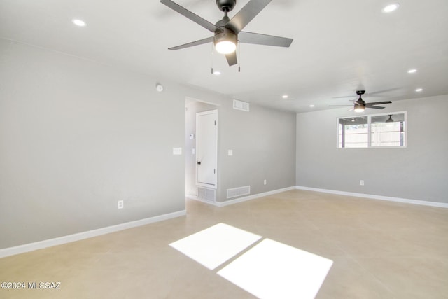 spare room with visible vents, baseboards, recessed lighting, and ceiling fan