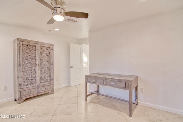 interior space with recessed lighting, tile patterned flooring, visible vents, a ceiling fan, and baseboards