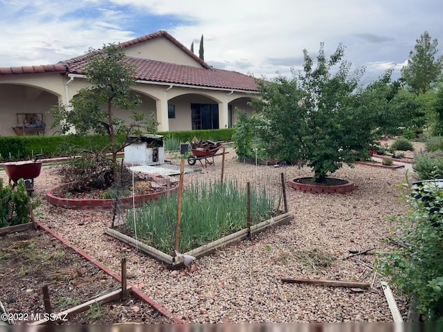 1445 W Fairway Dr, Nogales, AZ 85621 - exterior space with a tiled roof, a vegetable garden, stucco siding, and a patio