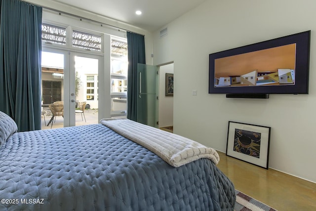 bedroom with access to exterior, recessed lighting, french doors, and visible vents