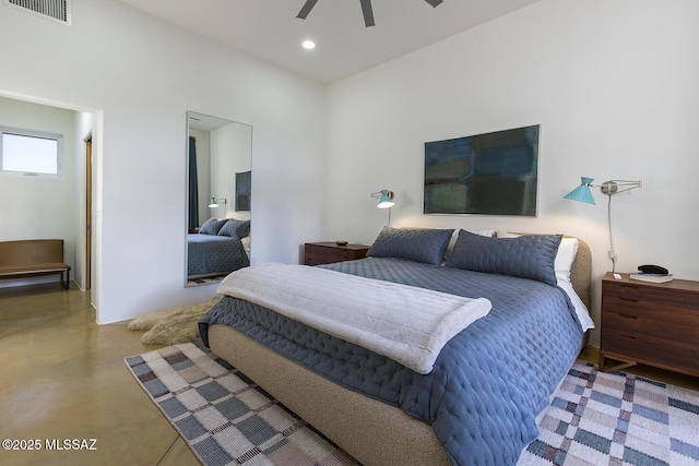 bedroom with visible vents, recessed lighting, a ceiling fan, and finished concrete floors