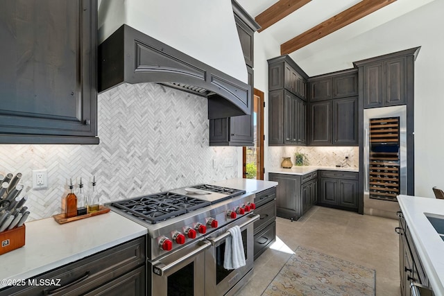14623 N Shaded Stone Pl, Oro Valley, AZ 85755 - kitchen featuring custom exhaust hood, double oven range, light countertops, and beverage cooler