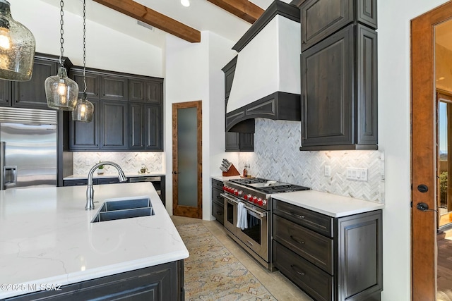 14623 N Shaded Stone Pl, Oro Valley, AZ 85755 - kitchen with custom exhaust hood, tasteful backsplash, high end appliances, beam ceiling, and a sink