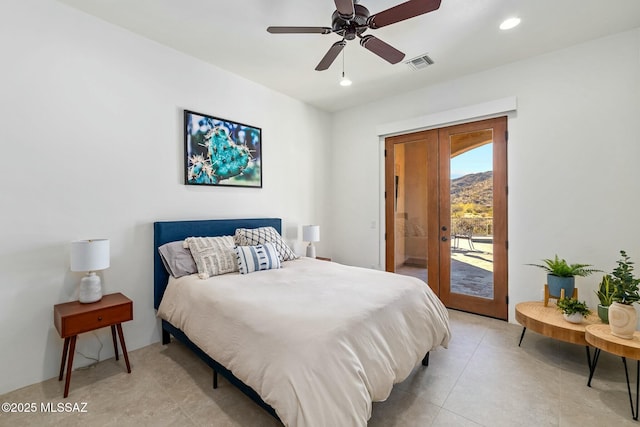 14623 N Shaded Stone Pl, Oro Valley, AZ 85755 - bedroom with visible vents, access to exterior, recessed lighting, and ceiling fan