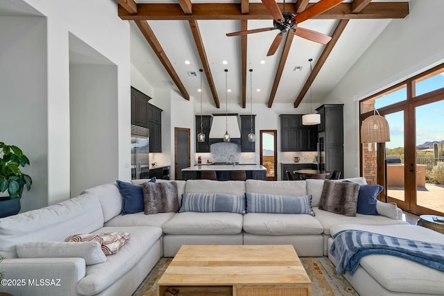14623 N Shaded Stone Pl, Oro Valley, AZ 85755 - living room featuring high vaulted ceiling, a ceiling fan, beam ceiling, and recessed lighting