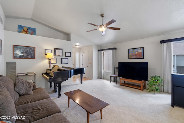 4654 W Gatehinge Ct, Tucson, AZ 85741 - living room with a ceiling fan, vaulted ceiling, light carpet, and visible vents