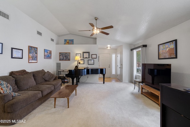 4654 W Gatehinge Ct, Tucson, AZ 85741 - living room featuring visible vents, a ceiling fan, vaulted ceiling, and light carpet