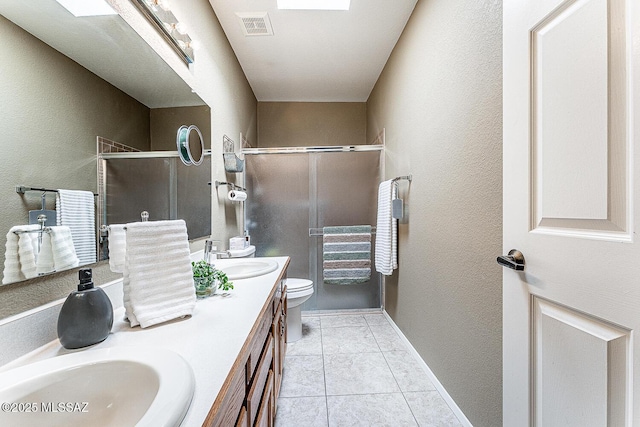 full bathroom featuring visible vents, a shower stall, double vanity, tile patterned floors, and a sink