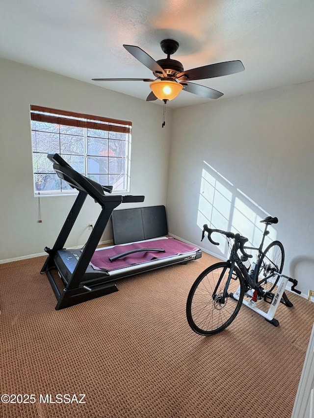 exercise area with carpet, baseboards, and ceiling fan