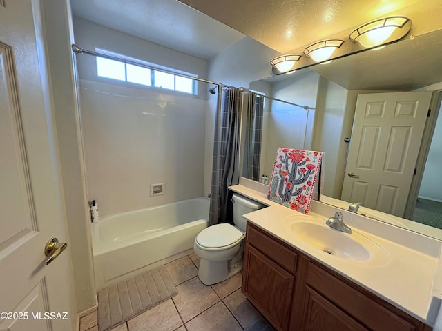 full bathroom featuring tile patterned flooring, shower / bathtub combination with curtain, vanity, and toilet