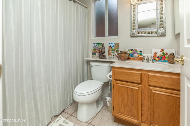 bathroom with toilet, tile patterned floors, vanity, and a shower with curtain