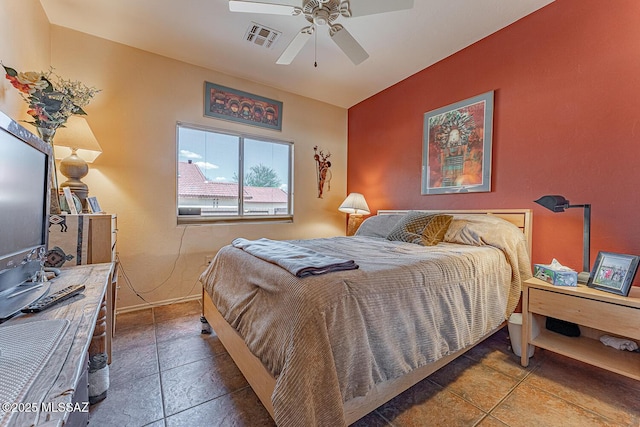bedroom featuring baseboards, visible vents, and a ceiling fan