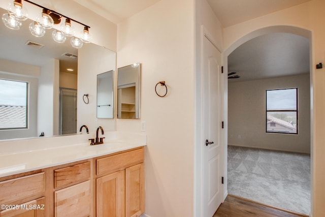 bathroom with vanity, baseboards, visible vents, and a shower with door