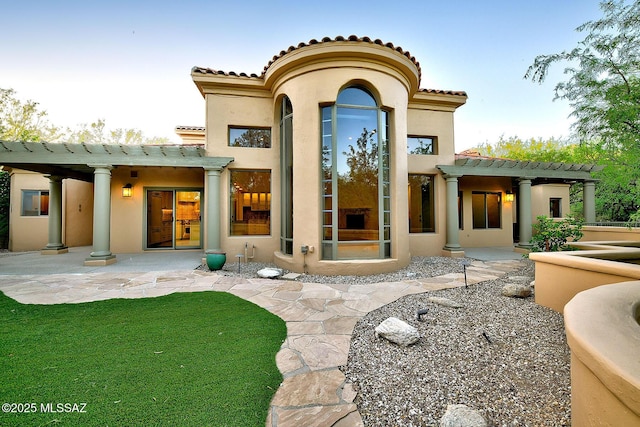 7222 E Desert Moon Loop, Tucson, AZ 85750 - rear view of property featuring a pergola, a tile roof, stucco siding, and a patio