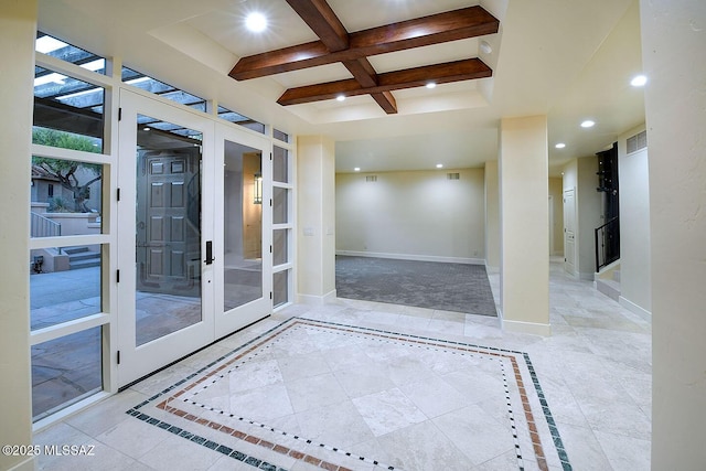 7222 E Desert Moon Loop, Tucson, AZ 85750 - interior space with coffered ceiling, recessed lighting, baseboards, inlaid floor details, and beamed ceiling